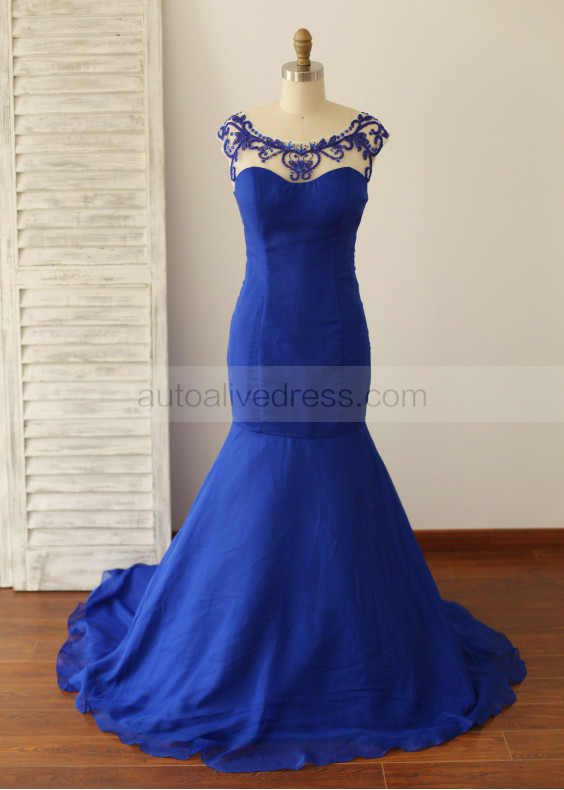 Beaded Royal Blue Chiffon Backless Prom Dress